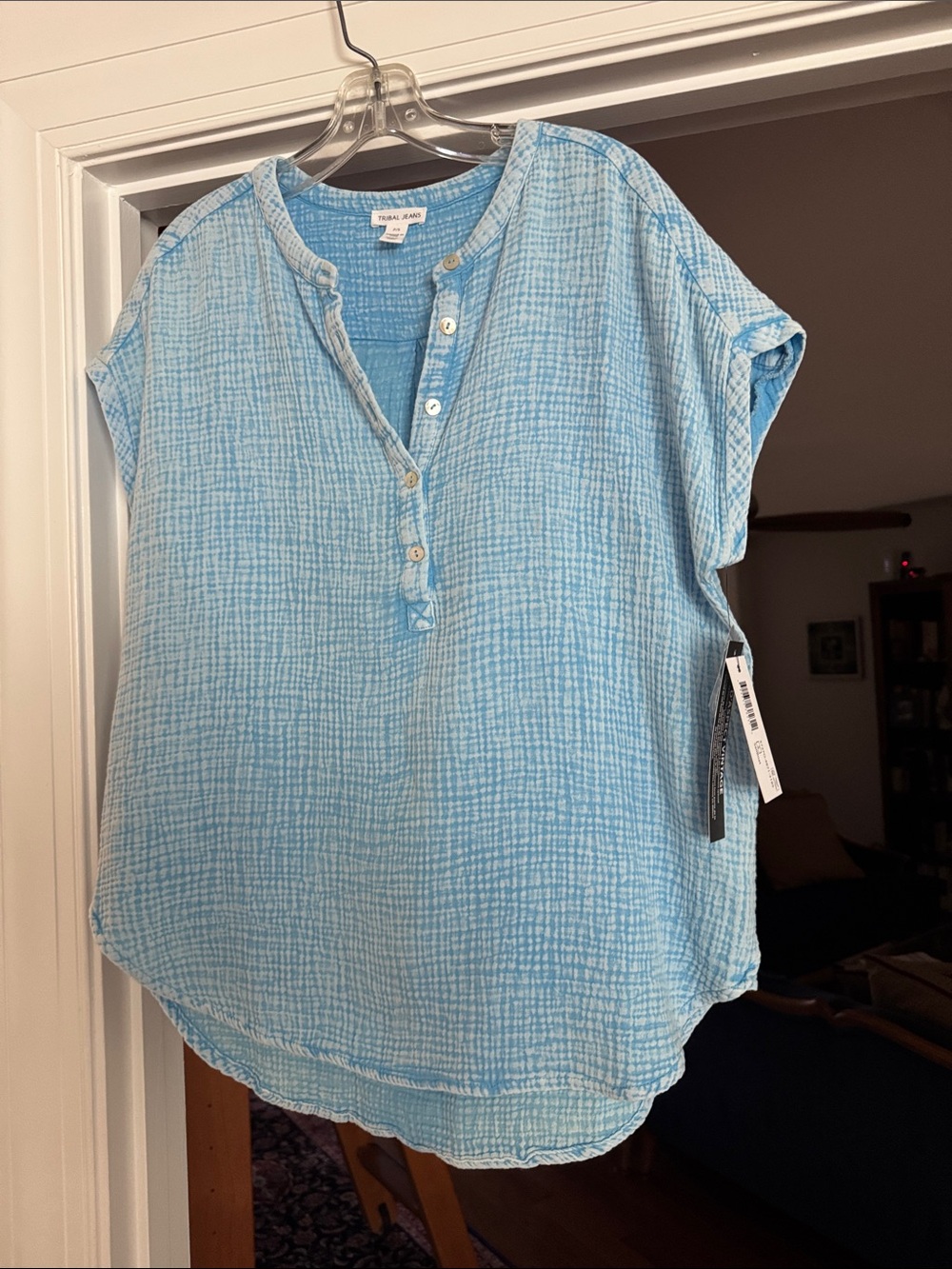 Tribal Jeans size P/S Light Blue Textured Henley Top - Women